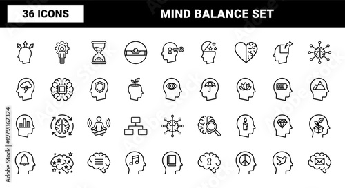 Mental health and psychology outline icons for emotional balance and cognitive wellness