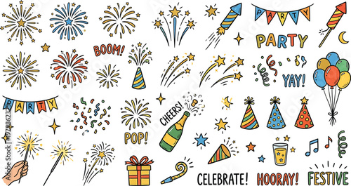 A colorful illustration of various party elements, including fireworks, balloons, and festive text,   . Ai, eps, jpg, transparent background, png