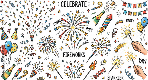 A colorful illustration of various party objects and fireworks celebrating a festive occasion with sparklers and balloons Ai, eps, jpg, transparent background, png
