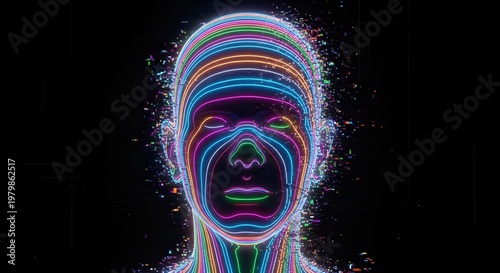 Neon wireframe face with glitch and pixel effects. Metaverse and digital identity concept. Person staring forward with multi-colored light lines