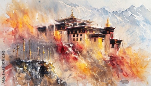 Majestic Himalayan Monastery: A Watercolor of Spiritual Heights