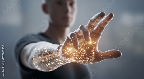 Human hand with internal glowing circuit patterns. Cybernetic enhancement and biotechnology. Person reaching forward with a skin-integrated digital neural network