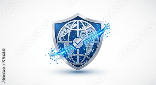 Shield with globe and clock icon.