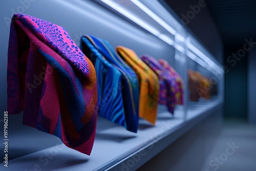 Brightly colored towels displayed in a modern store setting during evening hours