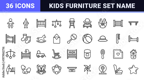Minimalist baby nursery and kids room line icons set