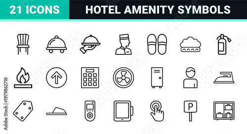 Minimalist hotel room service and hospitality line icons