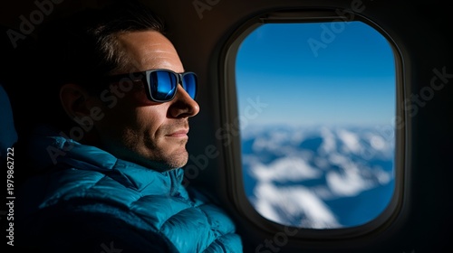 Man looks out airplane window at mountain peaks while wearing sunglasses during a flight in the afternoon