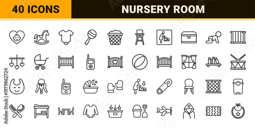 Minimalist nursery and baby room line icon set