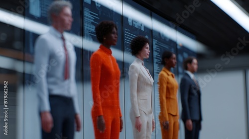 People standing in line at a modern office space during the day, showing diversity in outfits and poses