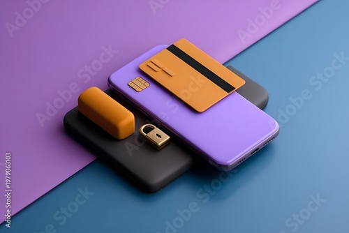 Purple and black phone with card holder and lock on a blue and purple surface showing a modern setup