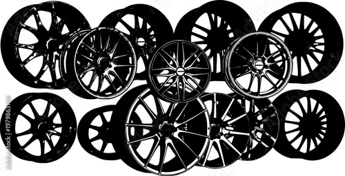 Luxury Alloy Wheel Rims , Anodized Car Rims Displayed on Wall. Premium Automotive Tuning and Spare Parts Catalog Concept