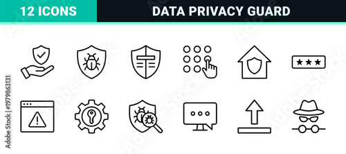 Cyber security and privacy protection line icon set