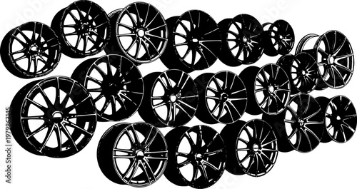 Luxury Alloy Wheel Rims , Anodized Car Rims Displayed on Wall. Premium Automotive Tuning and Spare Parts Catalog Concept