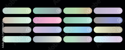 Modern glassmorphism web buttons set, 16 frosted glass UI elements with pastel gradients, glossy translucent navigation bars for app interface design