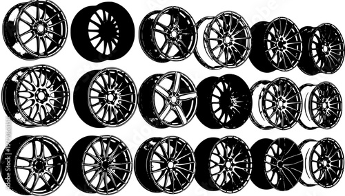 Luxury Alloy Wheel Rims , Anodized Car Rims Displayed on Wall. Premium Automotive Tuning and Spare Parts Catalog Concept