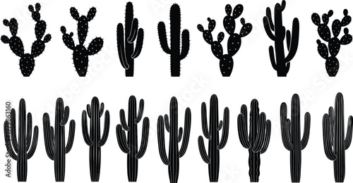 Black cactus silhouettes, desert succulent plant icons, diverse shapes, Saguaro, prickly pear, opuntia, and cereus, set of twenty four different vector graphics isolated on white.