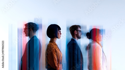 Four people stand side by side against a bright background while colors blend around them at an event on a modern setting in the day