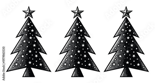 Three Black and White Stylized Christmas Trees with Stars and a Star Topper