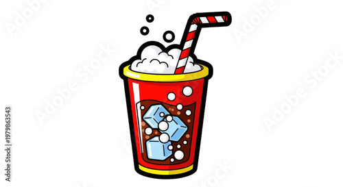 Refreshing Soda Drink with Ice Cubes, Bubbles, and Straw