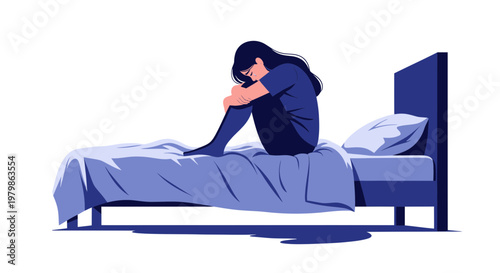 Sad Woman Sitting On Bed, Feeling Lonely and Depressed