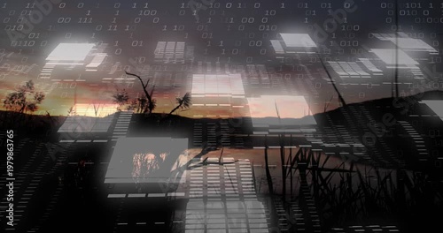 Sun lowering starting digital overlay, glowing panels scanning across calm lake displaying data