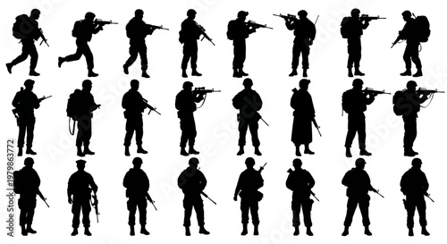 Silhouette soldiers with rifles, military action poses, group of armed men