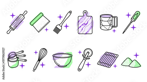 Professional Baking and Pastry Tool Set with Rolling Pin, Digital Thermometer, Mixing Bowl and Kitchen Utensils Line Art