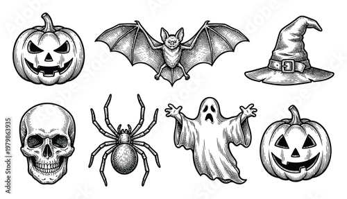 Spooky Halloween Pumpkin, Bat, Witch Hat, Skull, Spider, Ghost