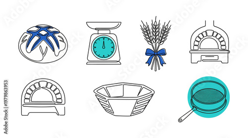 Artisanal Bakery Icon Set with Sourdough Bread, Wheat Stalks, Wood Fired Oven and Flour Sifter Line Art