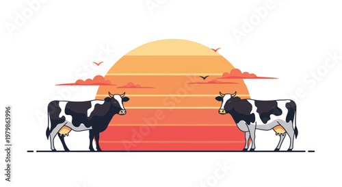 Two Black and White Cows in a Field at Sunset