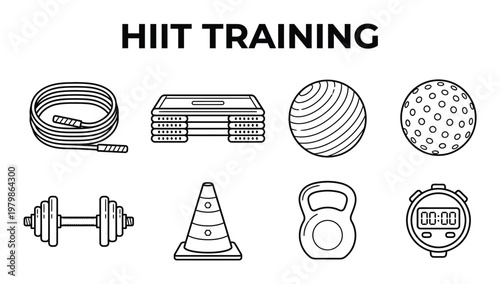 HIIT Training Equipment Jump Rope, Step, Balls, Dumbbell, Cone, Kettlebell, Stopwatch