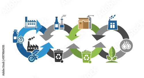 A conceptual infographic vector illustration showcasing a circular economy loop with icons for manufacturing, recycling, and sustainability.