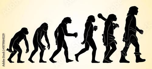 Silhouette sequence illustrating human evolution from early primates to modern humans, highlighting stages of development and upright walking progression.