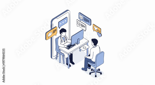 Isometric Telemedicine and Online Medical Consultation Concept with Doctor and Patient. Virtual Healthcare and Telehealth Illustration via Smartphone.