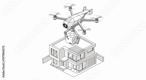 Isometric Line Art of Futuristic Drone Delivering Medical Prescription Package to Modern Residential House