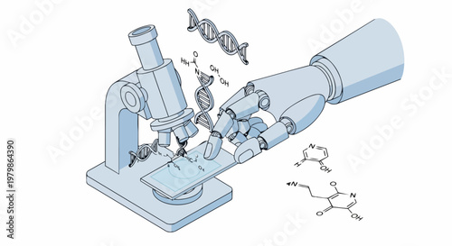 Robotic Hand Using Microscope with DNA Helices and Chemical Molecular Formulas, Artificial Intelligence in Laboratory Research and Biotechnology Illustration
