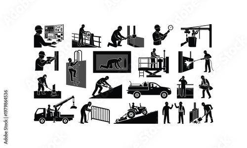 Flood control gate operator various posses silhouette on white background