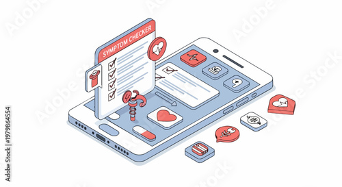 Mobile Health App Isometric Illustration: Digital Symptom Checker Interface on Smartphone with Medical Icons for Telemedicine and Online Healthcare