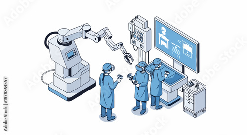 Robotic Surgery with VR Headsets and Surgeons Operating Robotic Arm; Isometric Line Art Illustration of Futuristic Medical Technology and Telemedicine Healthcare Concept