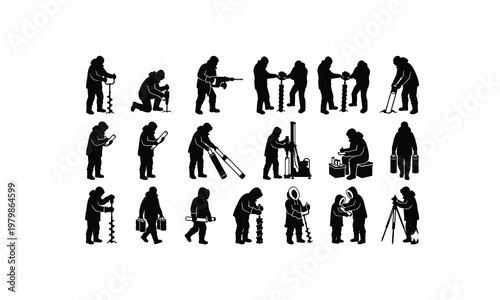 Ice core sampler in polar suit various posses silhouette on white background