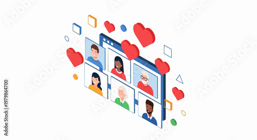 Isometric Illustration of Diverse People Connecting Online via Social Media Interface with Red Heart Icons