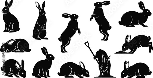 Set of twelve rabbit silhouettes in different poses including sitting, hopping and digging for playful vector design projects