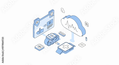 Isometric Digital Health Ecosystem Illustration with Smartwatch Wearables, Cloud Computing, and Medical Data Tracking for Telemedicine