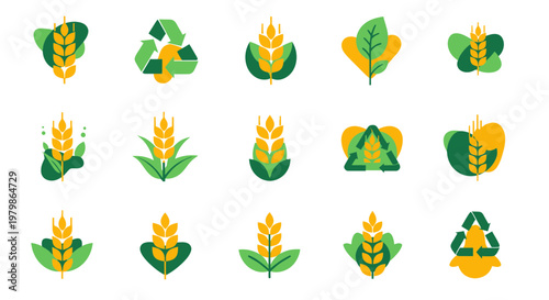 Eco Agriculture Icons: Wheat, Recycling, Leaves, Organic Farming, Sustainability
