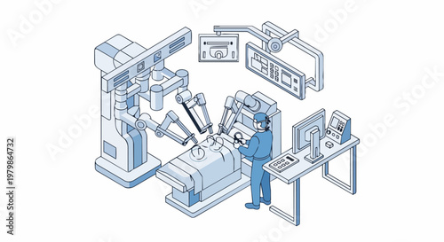 Isometric Illustration of Advanced Robotic Surgery System and Surgeon in a High-Tech Medical Operating Room