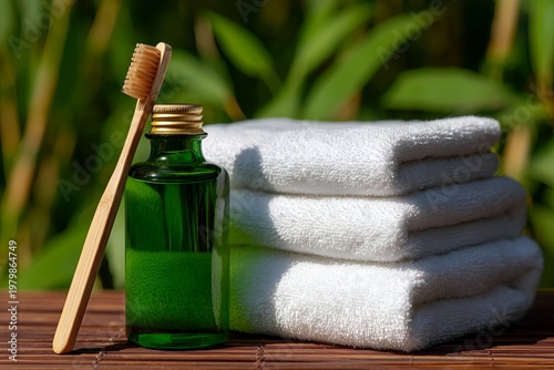 Natural products for oral care placed on a bamboo mat near green plants in bright daylight