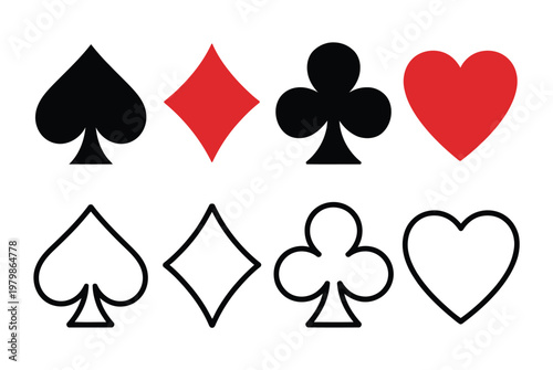 casino playing card suits icon set vector illustration featuring heart spade diamond and club symbols isolated on white background design