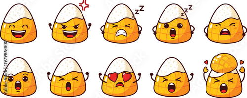 Set of ten cartoon candy corn characters with expressive faces showing emotions for playful Halloween vector projects