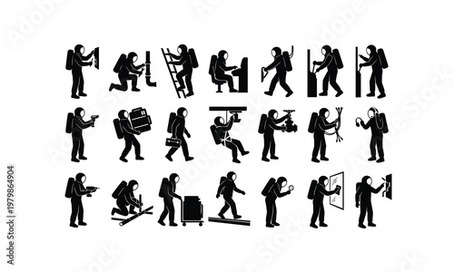 Space suit technician inspecting helmet various posses silhouette on white background.