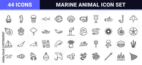 Minimalist ocean animals and sea life line icon set